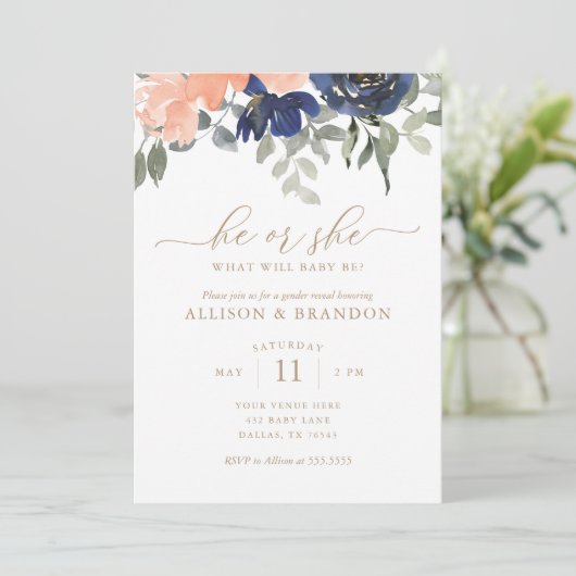 Genderonderzoek Roze en Blauwe Florals Hij of zij Kaart (Staand voorkant)