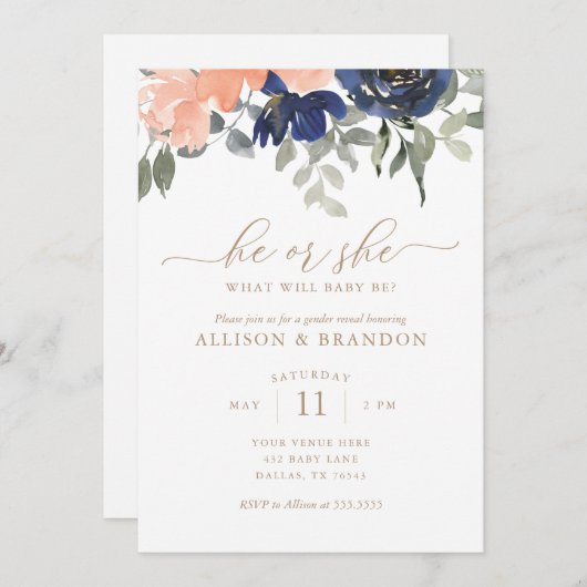 Genderonderzoek Roze en Blauwe Florals Hij of zij Kaart (Voorkant / Achterkant)