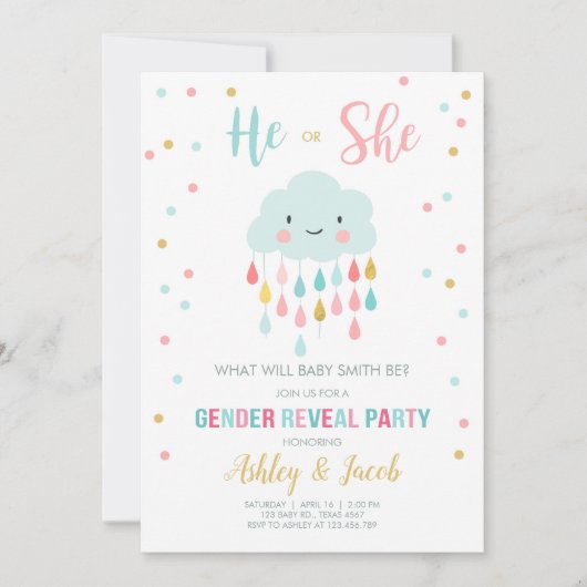 Genderonthulling Uitnodiging Cloud Rain Drops Kleu (Voorkant)