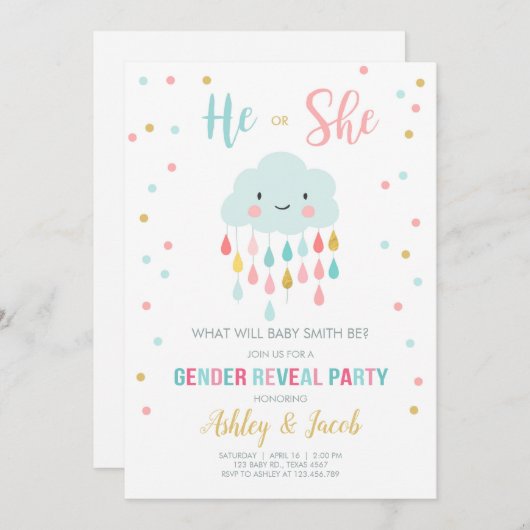 Genderonthulling Uitnodiging Cloud Rain Drops Kleu (Voorkant / Achterkant)
