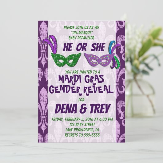 Genderonthulling uitnodiging, Marid Gras Genderont Kaart (Staand voorkant)