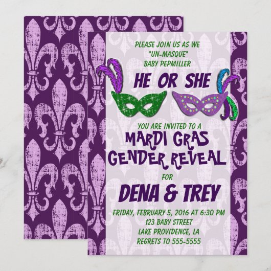 Genderonthulling uitnodiging, Marid Gras Genderont Kaart (Voorkant / Achterkant)