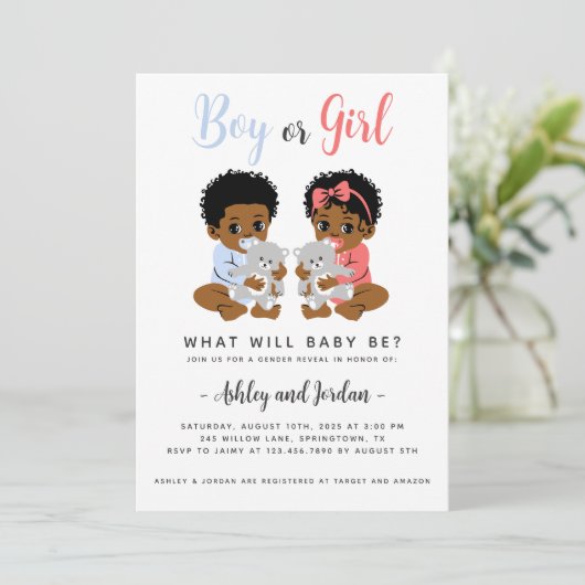 Genderonthulling Uitnodiging Zwarte Baby's Met Ber (Staand voorkant)
