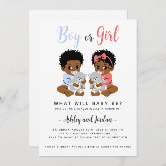 Genderonthulling Uitnodiging Zwarte Baby's Met Ber (Voorkant / Achterkant)