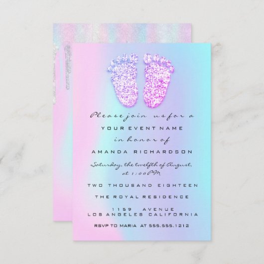 Genderrevisie Baby shower Feet Holographic Drip Kaart (Voorkant / Achterkant)