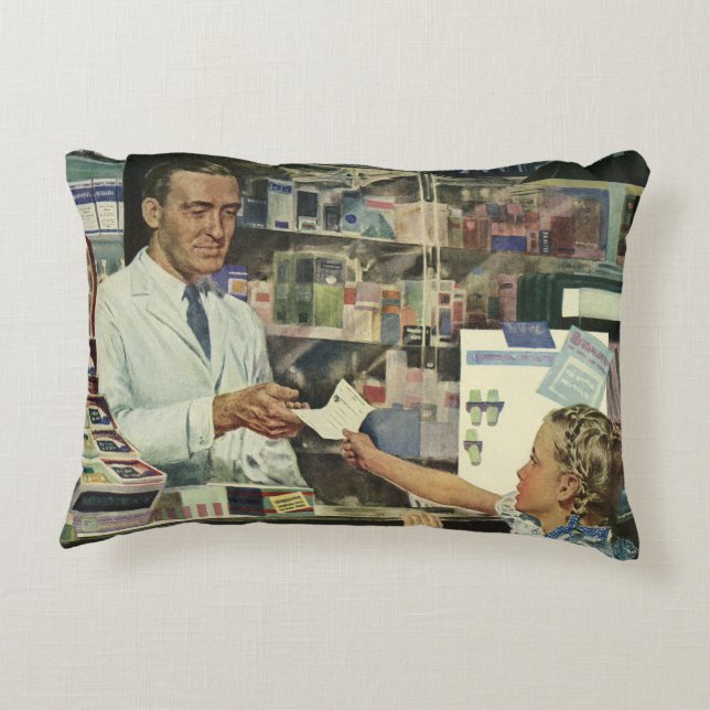  geneeskunde, apotheker en meisje op farmacie accent kussen (Achterkant)