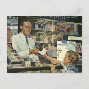  geneeskunde, apotheker en meisje op farmacie briefkaart