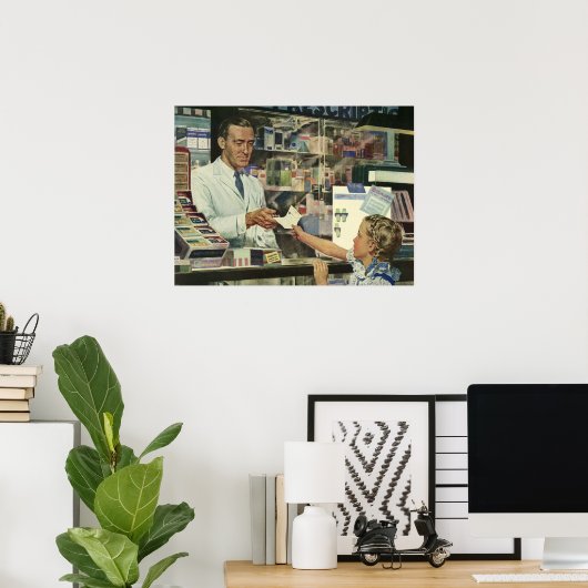  geneeskunde, apotheker en meisje op farmacie poster (Thuiskantoor)