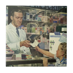 geneeskunde, apotheker en meisje op farmacie tegeltje