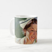 geneeskunde, vrolijke verpleegkunde in uniform koffiemok (Voorkant links)