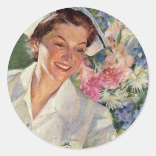 geneeskunde, vrolijke verpleegkunde in uniform ronde sticker