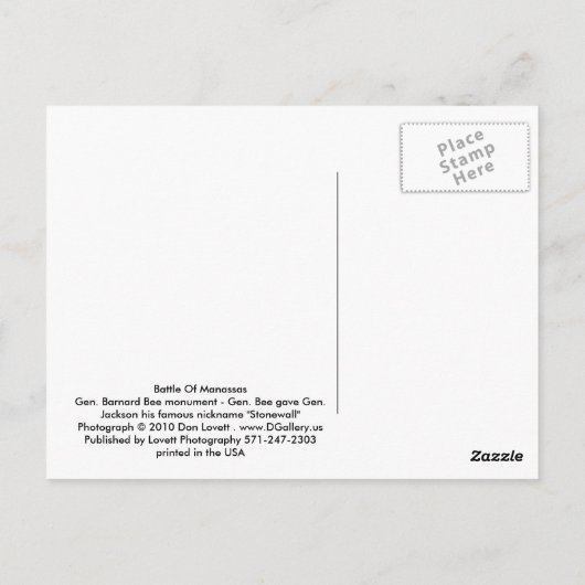 Generaal Barnard Bee Monument Briefkaart (Achterkant)