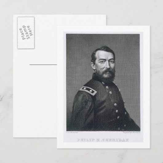 Generaal Philip Sheridan, gegraveerd van een fotog Briefkaart (Voorkant / Achterkant)