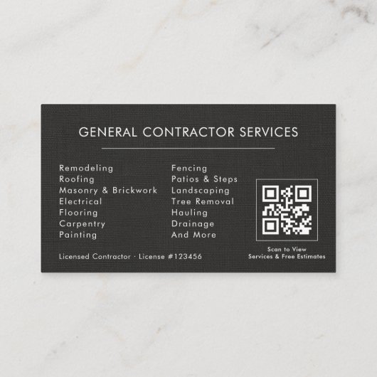 General Construction Black Silver Linen QR Code Visitekaartje (Achterkant)