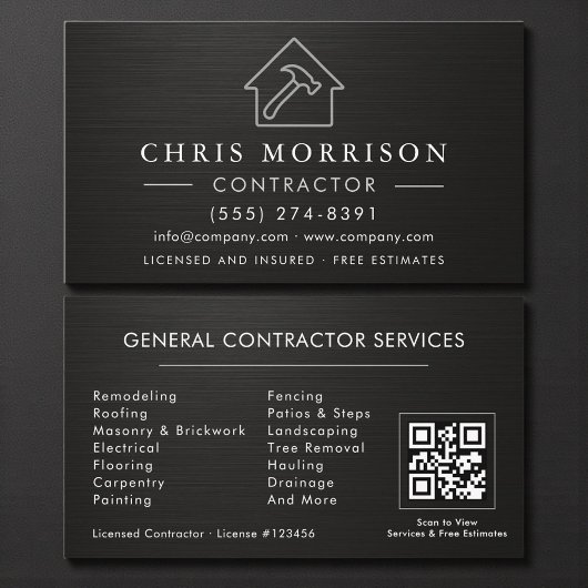 General Construction Black Silver Metallic QR Code Visitekaartje