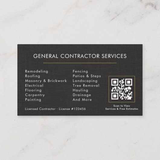 General Construction Linen Black Gold QR Code Visitekaartje (Achterkant)