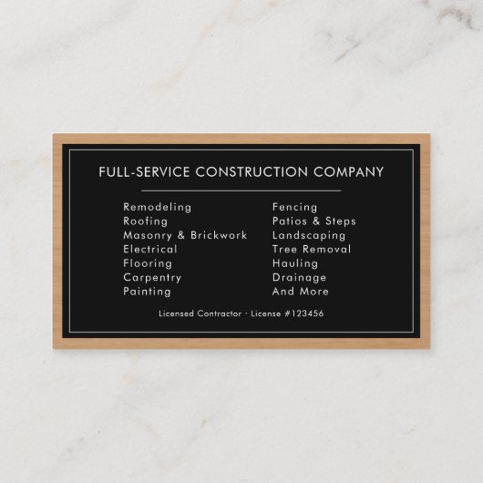 General Contractor Modern Silver & Black Wood Visitekaartje (Achterkant)