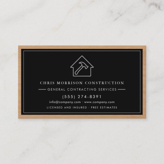 General Contractor Modern Silver & Black Wood Visitekaartje (Voorkant)