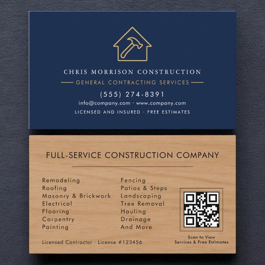General Contractor Navy Blue Wood QR Code Visitekaartje
