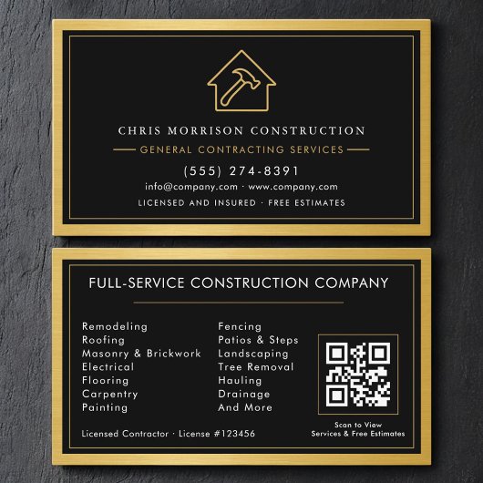 General Contractor QR Code Black & Gold Metallic Visitekaartje