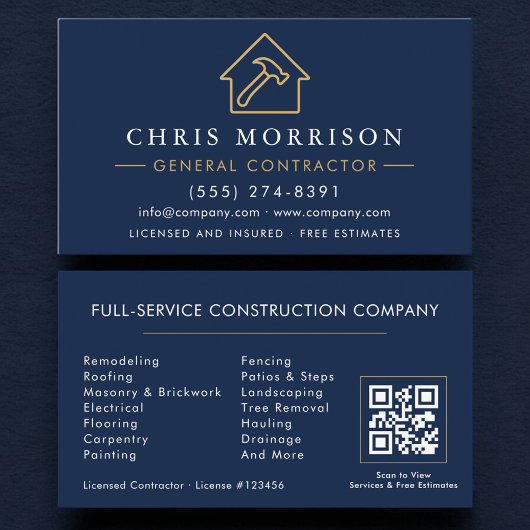 General Contractor QR Code Navy Blue Gold Visitekaartje