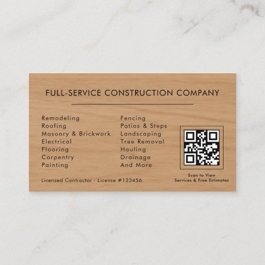 General Contractor Rustic Wood QR Code Visitekaartje (Achterkant)