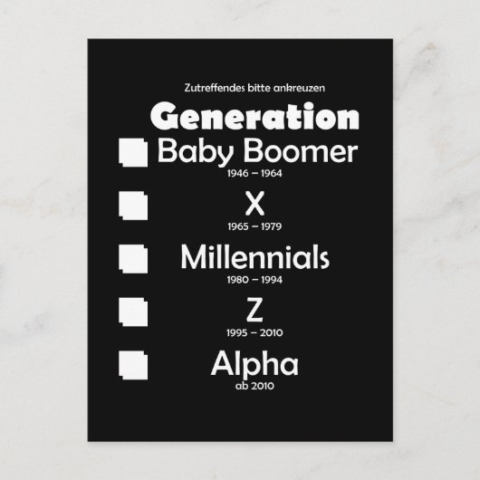 Generationen Baby Boomer, X, Y, Millennials, Z, Al Briefkaart (Voorkant)