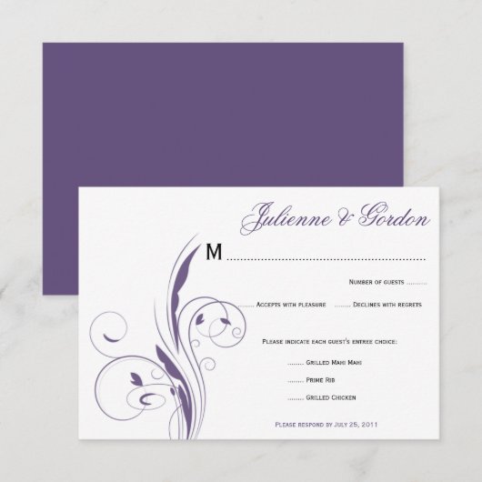 Generieke Paarse Bloemwervelingen RSVP Kaartje (Voorkant / Achterkant)