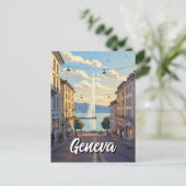 Geneva Street Switzerland Travel Jet d'eau Sunset Briefkaart (Staand voorkant)