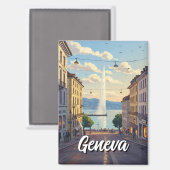 Geneva Street Switzerland Travel Jet d'eau Sunset Magneet (Voorkant / Achterkant)