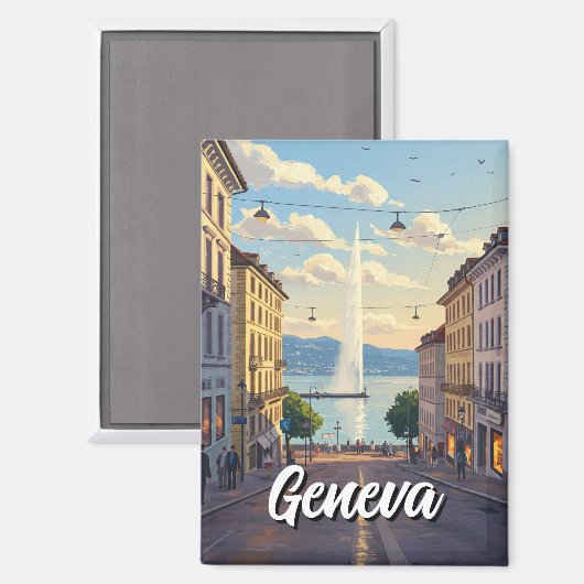 Geneva Street Switzerland Travel Jet d'eau Sunset Magneet (Voorkant / Achterkant)