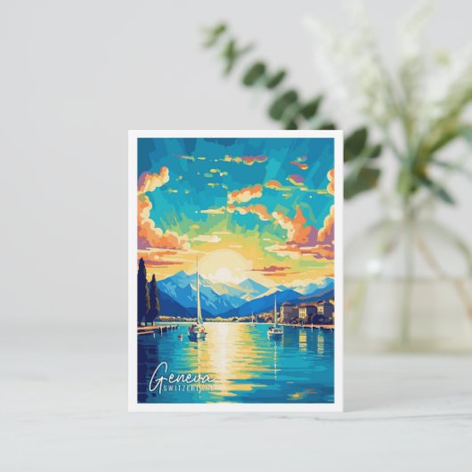 Genève Zwitserland Kunst vintage reisillustratie Briefkaart (Staand voorkant)