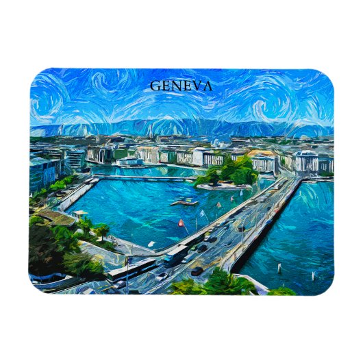 Genève Zwitserland Panorama Uitzicht Schilderij Magneet (Horizontaal)