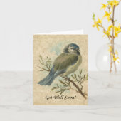 Genezend binnenkort, Vintage Bluetit vogel Kaart (Gele Bloem)