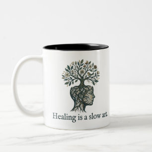 Genezing is een Langzame Kunst" Mindful Boomwortel Tweekleurige Koffiemok