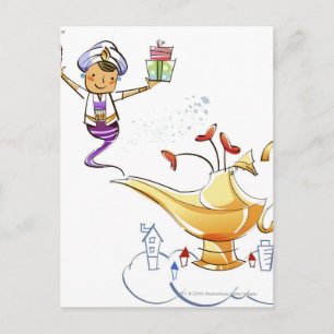 Genie brengt een huis en cadeaus van een magische briefkaart