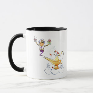 Genie brengt een huis en cadeaus van een magische mok