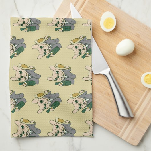 Geniet van Champagne met Frenchie bij je feestelij Theedoek (Quarter Fold)