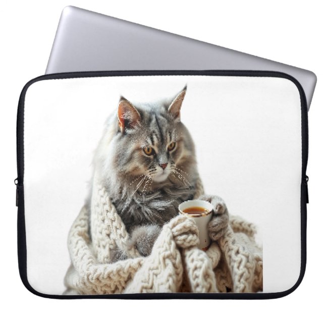 Geniet van de Cat Winter Tea Laptop Sleeve (Voorkant)