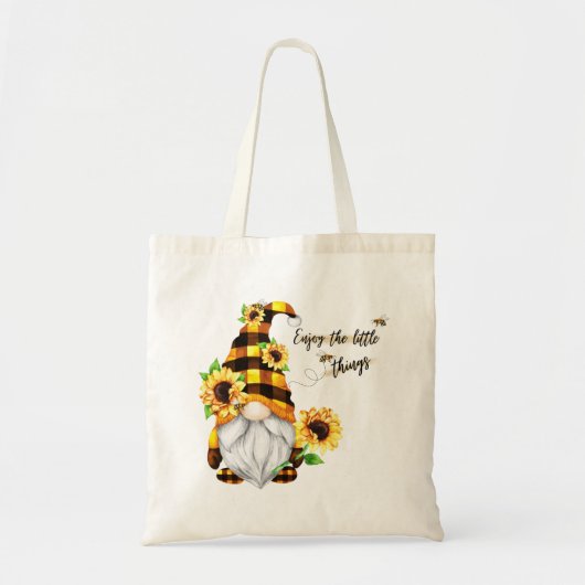 Geniet van de Kleine Dingen Zonnebloem Gnome Tote Bag (Voorkant)