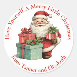 Geniet van een vrolijke kerstman met cadeaus ronde sticker