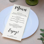 Geniet van het charmante kalligrafiemenu menu<br><div class="desc">Het charmerende zwarte en witte trouwmenu met een combinatie van een schone moderne doopvont en een vette zwarte manuscript. Voeg je namen en trouwmenu toe. Zeer weinig trouwmenu in zwart-wit. Geniet van het huwelijksmenu op maat van uw namen.</div>