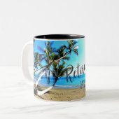 Geniet van het goede leven. tweekleurige koffiemok (Voorkant links)