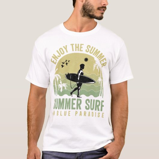 Geniet van het zomerse, zomerse surf in het blauwe t-shirt (Voorkant)