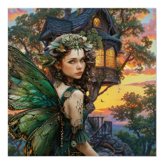 Genieten van de zonsondergang buiten haar huis perfect poster (Voorkant)