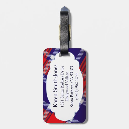 Genoemd tartan blauw, rood en wit bagagelabel (Achterkant verticaal)