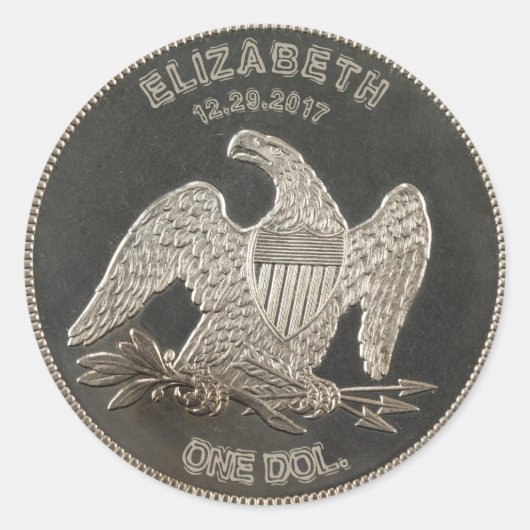 Genoemde zilver 1865 dollar ronde sticker (Voorkant)