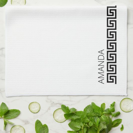 Genoemde zwarte Timeless White — Griekse sleutel Theedoek (Gevouwen)