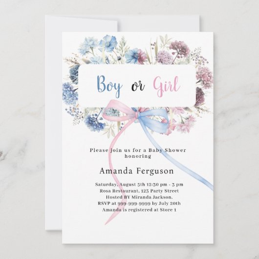 Genre Reveal Party Blauw Roze Bloemen Bow Boy Girl Kaart (Voorkant)