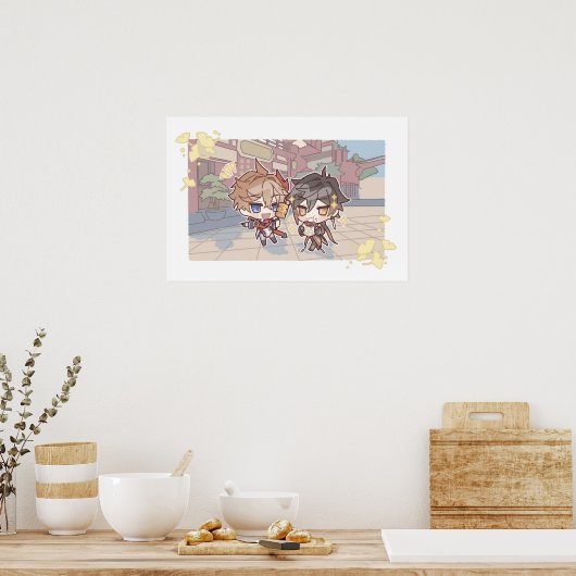 Genshin Impact Chibi Een date van Childe en Zhongl Poster (Keuken)